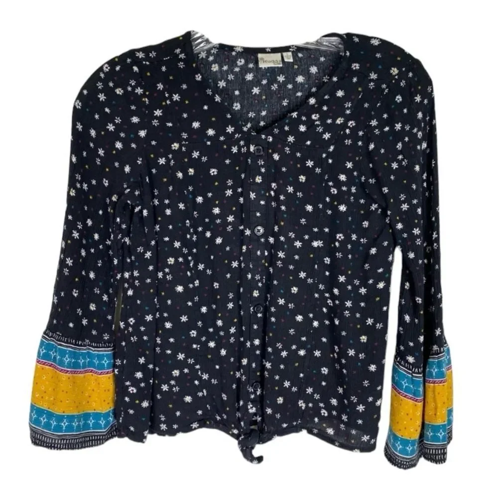 Mudd Top Girls Black Multi Color Button Down Tie Waist Floral Flare Sleeves 10